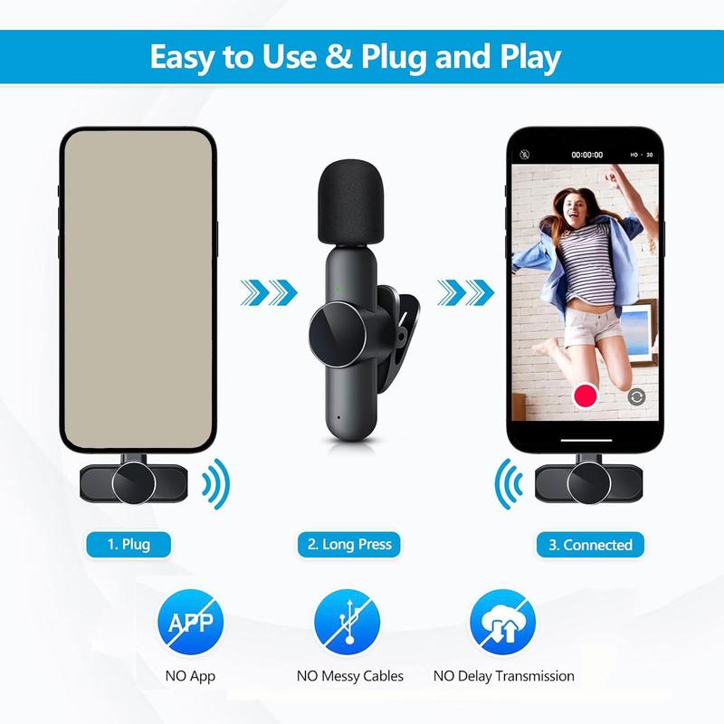 Portable Wireless Lavalier Microphone, 1 Set Professional Wireless Collar Clip Mic for iPhone & Android Phone, Plug-play Lapel Mic for Video Recording, Teaching, Interviews, Podcast, Vlog, Giftideas, Mini Microphone, Black 5