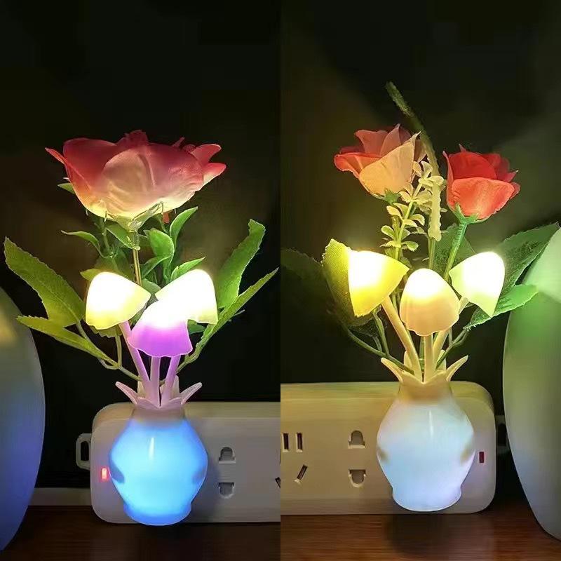 Bộ 2 Đèn ngủ led cảm ứng cây hoa hồng - tự sáng khi trời tối - đèn trang trí