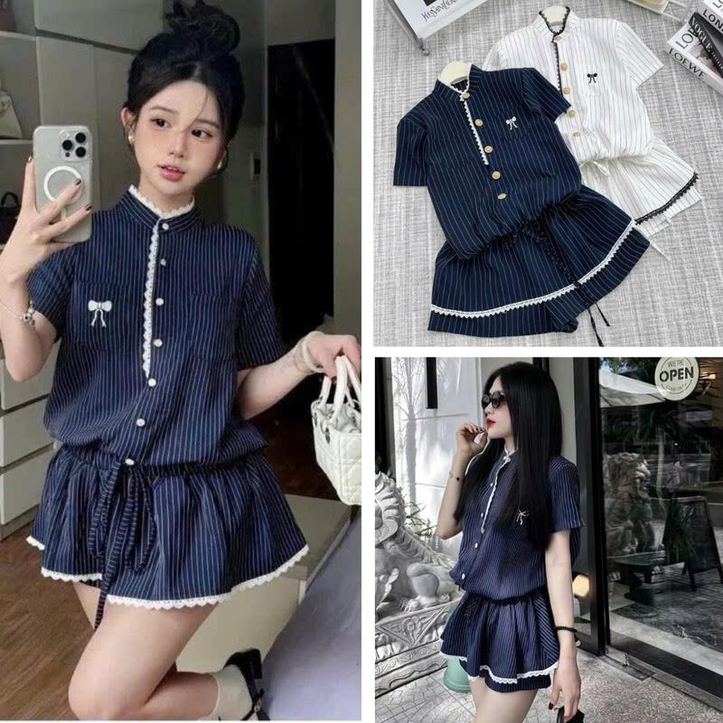 Set bộ đồ nữ jumpsuit kẻ sọc cổ tàu phối viền ren - Váy nữ túi ngực thêu nơ sanh chảnh