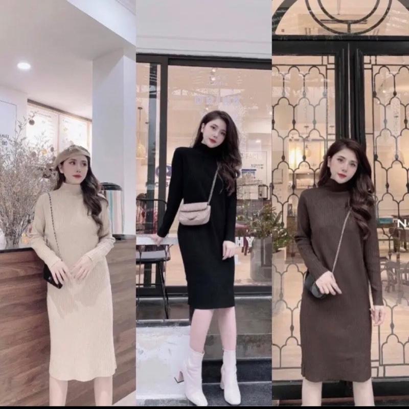 váy len suông dài tay cổ lọ vải len gân to day dặn 0