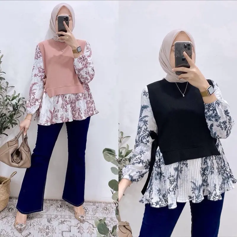 Blouse Wanita Knit Mix Plisket Motif Bunga - BGV 0