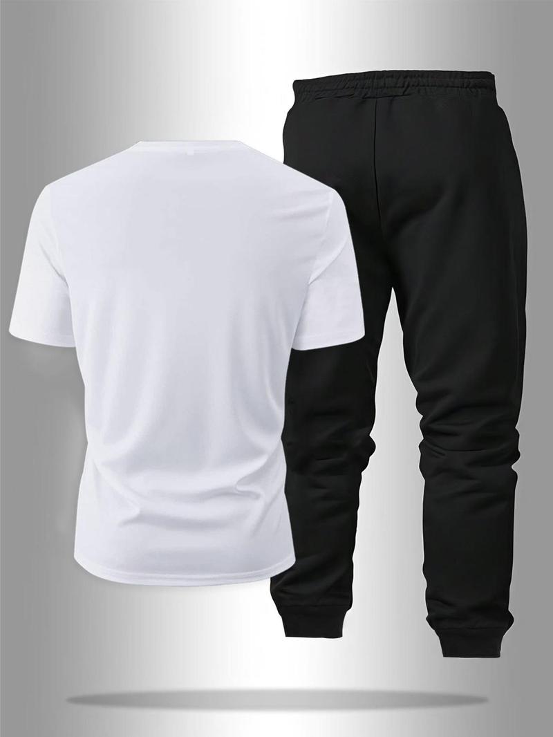 Product Introduction of Men's Letter Print Tee & Drawstring Waist Pants Two-piece Set, Regular Fit Round Neck Short Sleeve T-shirt & Trousers, Casual Clothes for Summer 8