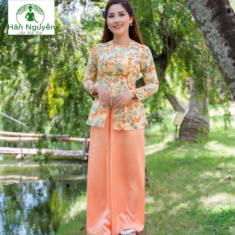 Hân Nguyễn Áo Bà Ba - B.A01 (ÁO LẺ) Áo Bà Ba Dây Kéo Hoa Gió Cổ Tròn tay dài Nữ Top Women Sơ Mi 1