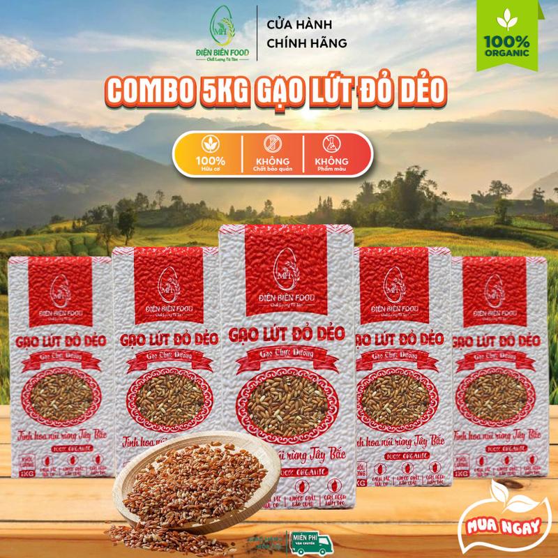  Gạo Lứt Đỏ Dẻo Điện Biên 5kg  5 túi 1kg chân không  - Gạo Xay Thơm Ngon Hữu Cơ 