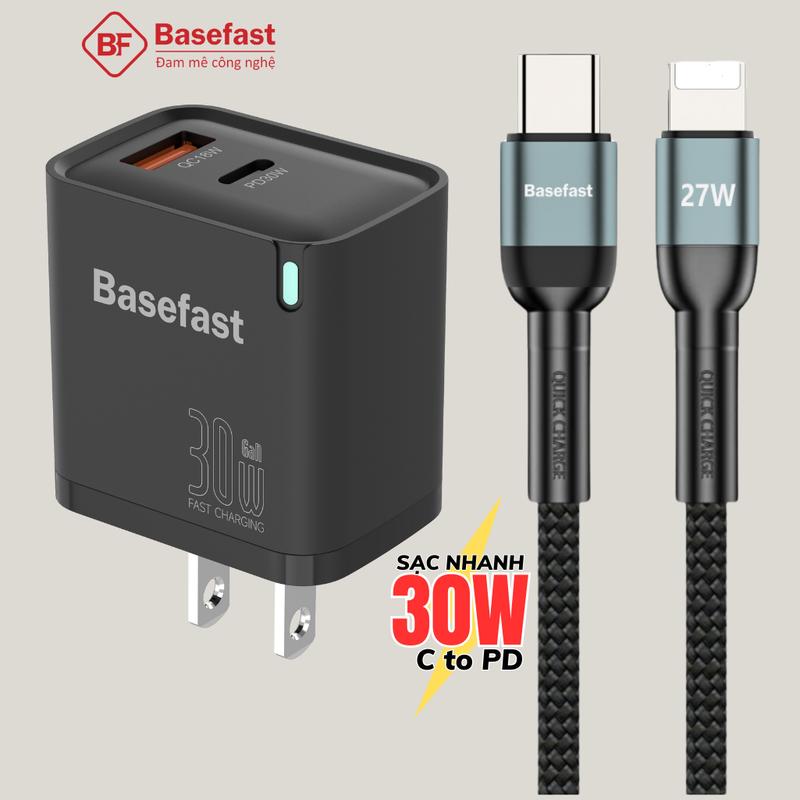 Bộ sạc nhanh iP 30W Basefast Củ sạc 2 Cổng kèm dây dù chống gãy dài 1m 2m cho Phone xs 11 12 13 14 pro