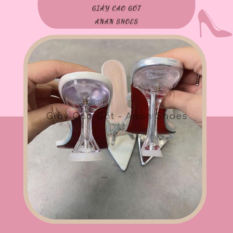 Dép Cao Gót 7p Và 9p Guốc Nơ Mũi Nhọn Quai Mika Êm Mềm Dẻo Dính Nơ Đá 2 Tầng Lấp Lánh Sang Trọng, Đi Tiệc - Anan Shoes 7