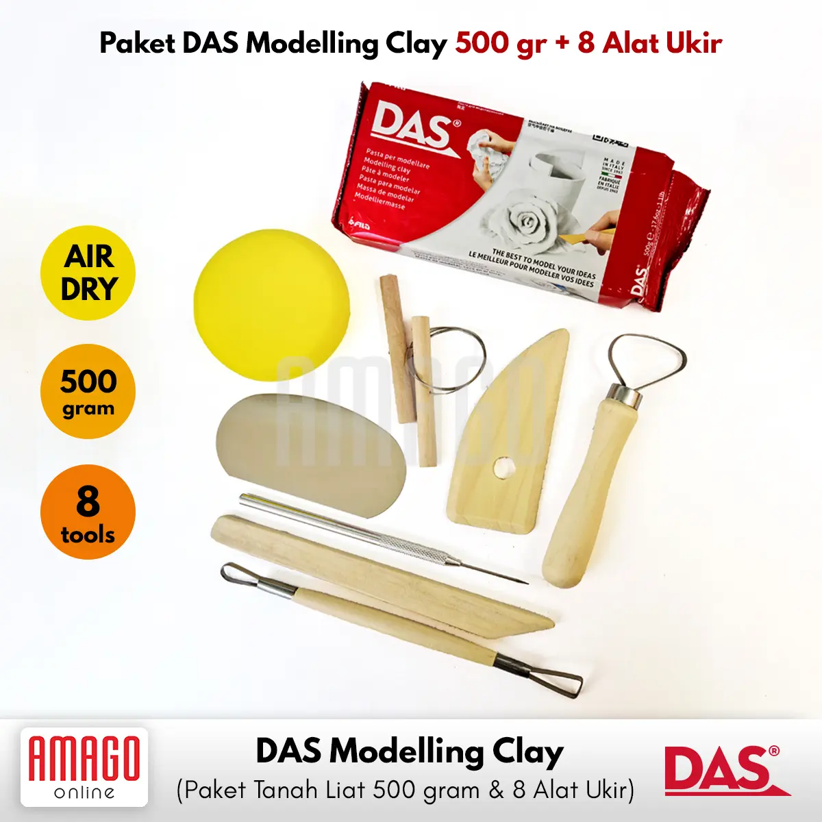 Paket Murah Kerajinan Tanah Liat - 1 DAS Modelling Clay 500 gram PUTIH + 8 Buah POTTERY Clay Tool Set