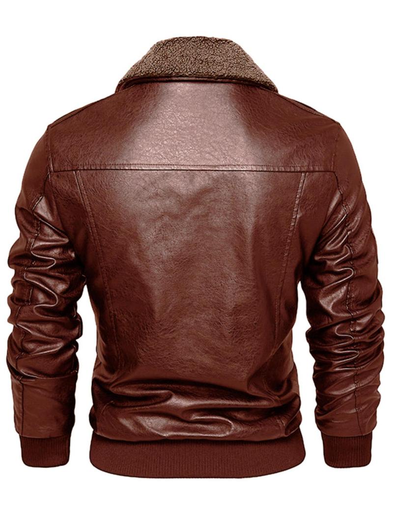Product Introduction of Men's Letter Patched Pocket Zipper PU Leather Jacket, Punk Fashion Long Sleeve Collared Outerwear for Daily Outdoor Wear, Men Cloths for Fall & Winter 5