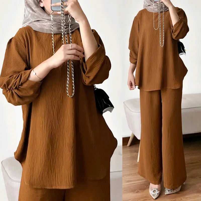 Raveena One Set Tangan Kerut | Setelan Baju Atasan Wanita Dewasa Muslim Karet Crinkle Airflow | Celana Kulot Panjang 3