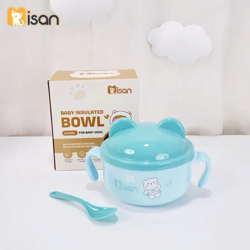 (Kèm Thìa) Bát Ăn Inox Cách Nhiệt Có Tay Cầm Kèm Muỗng Và Nắp Cho Bé ăn dặm Kem 5