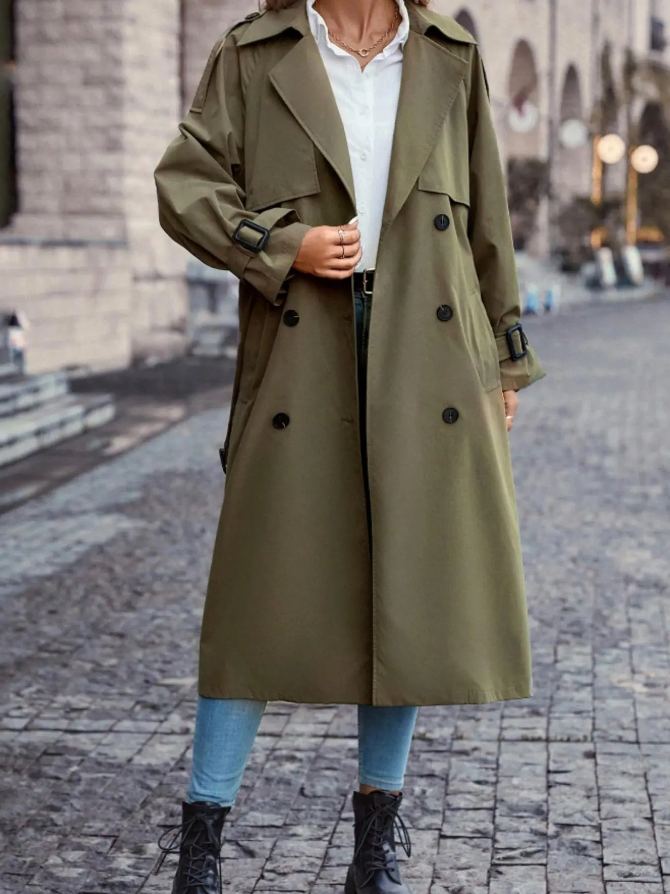 Women's Solid Color Belted Trench Coat, Casual Double Button Lapel Neckline Coat for Fall & Winter, Women's Clothing for Daily Wear