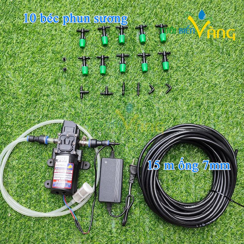 Máy phun sương mini tưới cây làm mát sân vườn, quán cà phê 10 đầu béc và 15m dây 7mm