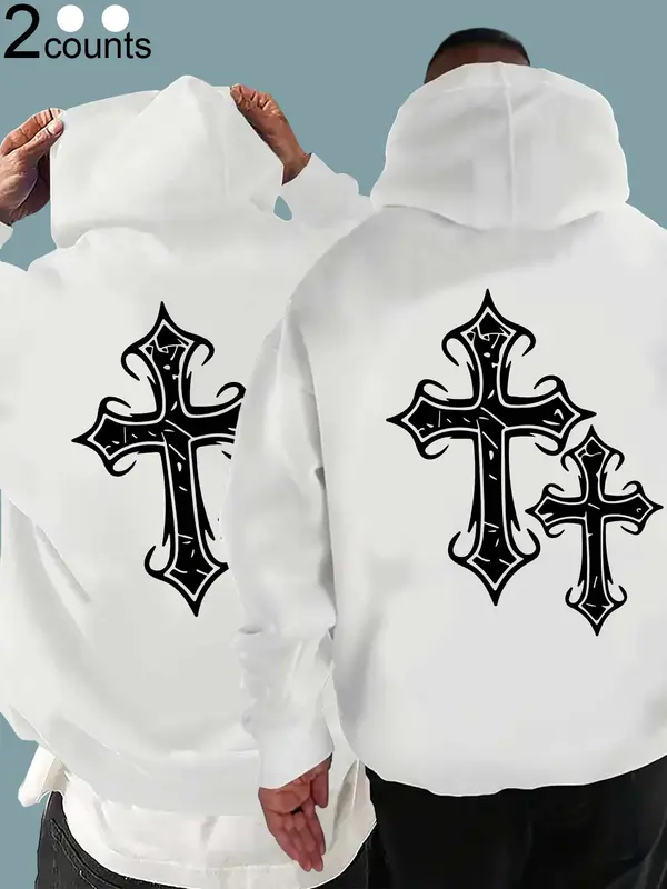 Men's Cross Print Pocket Drawstring Hoodie, Regular Fit Casual Long Sleeve Hooded Sweatshirt, Men's Fall & Winter Clothes for Daily Wear 6