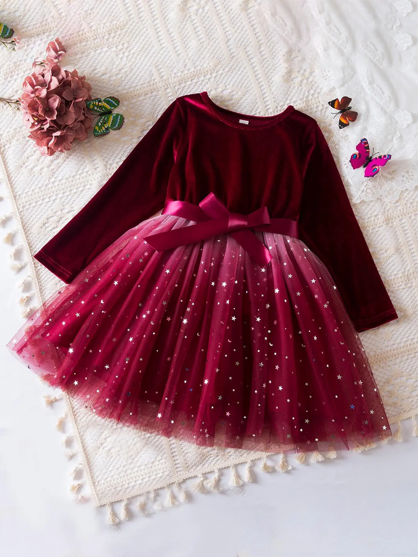 Girl's Glitter Sequin Bow Decor Tulle Dress, Elegant Long Sleeve Round Neck Party Dress for Evening Formal Occasions, Kids Clothes for Fall & Winter Valentine's Day, gift