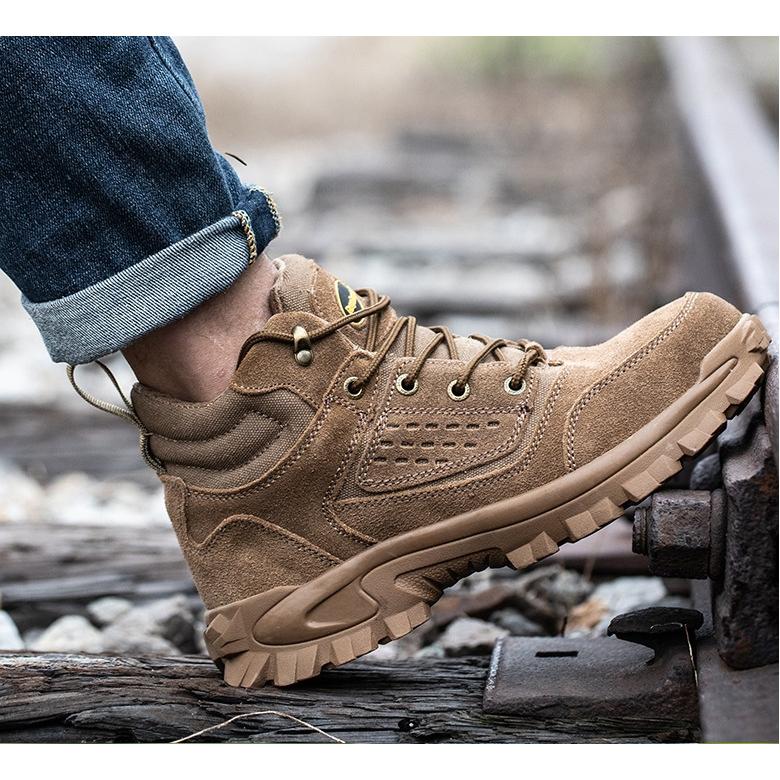 Giày Bảo Hộ Nam Cổ Cao BH13 Mũi,Đế Thép Giày Nam Leo Núi ,Phượt ,Công trường Đế Tăng Ma Sát- Chống Đinh-Da Lộn- Màu Nâu Mã BH13