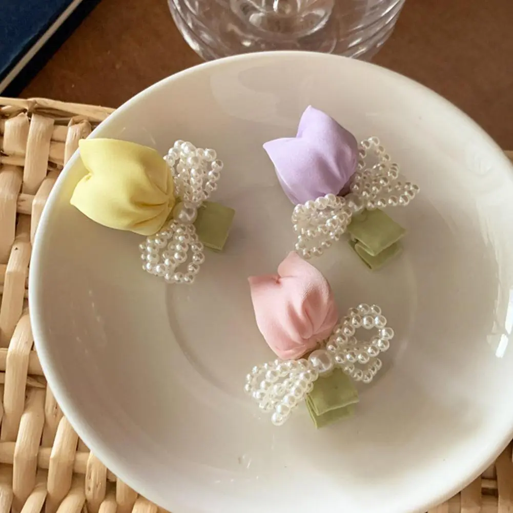 เครื่องประดับผมเกาหลี มาใหม่ กิ๊บติดผมดอกทิวลิปสีชมพูหวาน โบว์ กิ๊บปากเป็ด ทำจากผ้าระดับไฮเอนด์ หมวกสาวเรียบหรู