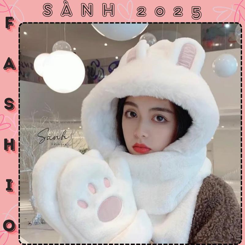 Mũ lông 3in1 tai thỏ kèm bao tay khăn choàng quảng châu cao cấp_sanhfashion Voi Women