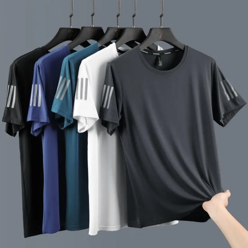 Short-Sleeved Men's T-shirt Summer Thin Ice Silk Quick-Drying Half-Sleeved Loose Versatile Crew Neck Half Sleeve T-shirt plus Size Breathable