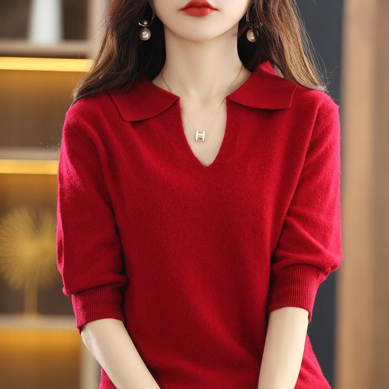 Áo Phông Nửa Tay Áo, Cổ Polo, Đồ Len, Dành Cho Phụ Nữ, Hàng Mới Về Mùa Xuân, Mũ Trùm Đầu Dáng Rộng Rãi, Áo Len Dễ Phối Đồ Ngắn, Áo Sơ Mi Lớp Cơ Sở, Áo Nữ 1
