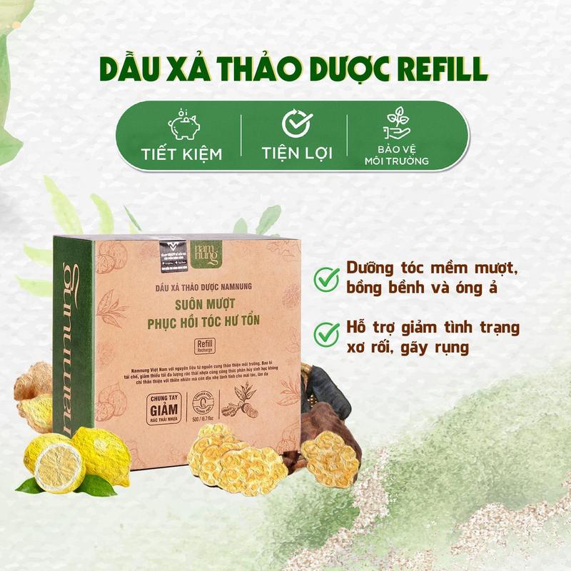 [Rẻ vô địch][MUA 1 TẶNG 1] Dầu xả thảo dược NamNung, Dầu xả hỗ trợ tóc suôn mượt dạng túi 500ml chiết xuất thiên nhiên Bồ kết hà thủ ô kèm chai dán tường TẶNG 1 túi xả cùng loại Chăm sóc tóc Dưỡng tóc nữ 3