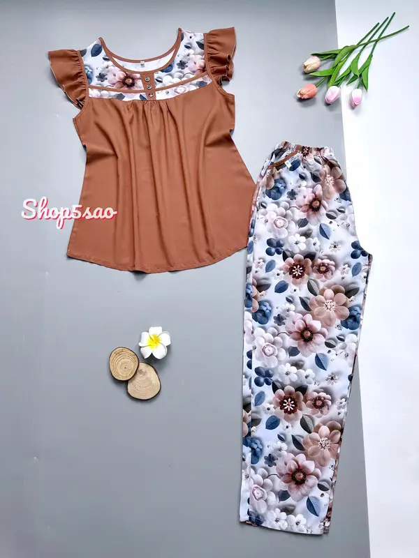Bộ lanh mặc nhà, đồ bộ tole nữ SHOP5SAO phối màu cao cấp,quần dài (58-75kg) Women Đồ mặc nhà 4