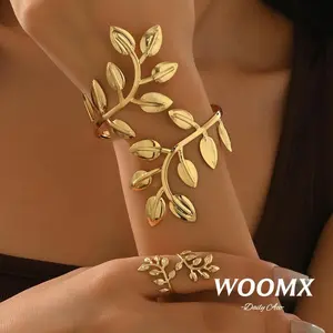 [Woomx] Set cincin dan gelang lengan dengan desain daun warna emas terpelintir  A166