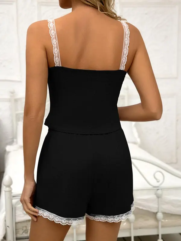 Women's Solid Lace Trim Cami Top & Shorts Loungewear Two-piece Set, Casual Comfy Spaghetti Strap Camisole & Shorts Pj Set, Ladies Sleeveless Sleepwear for All Seasons, Womenswear 5