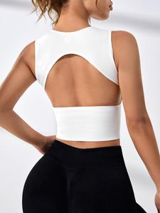 Chaleco corto deportivo de cuello redondo con recorte para mujer, atuendos de verano 2024, top corto deportivo liso para entrenamiento en gimnasio, tenis y pickleball, ropa deportiva y para exteriores para mujer