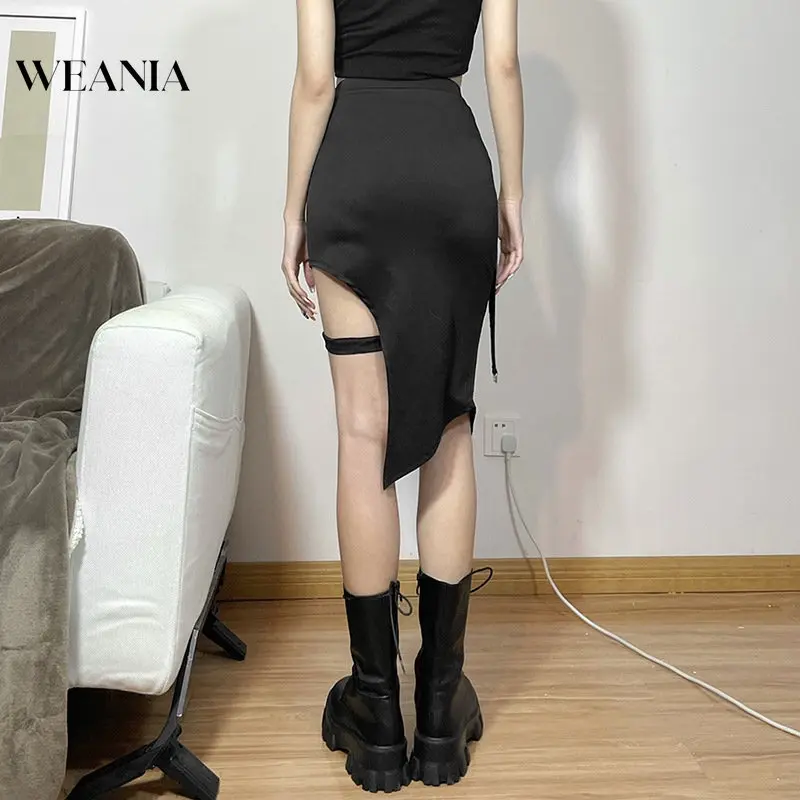 WEANIA-Váy Pu Cạp Cao Cho Nữ, Thiết Kế Mới, Chắp Vá, Không Đều, Có Dây Xích Chân 4