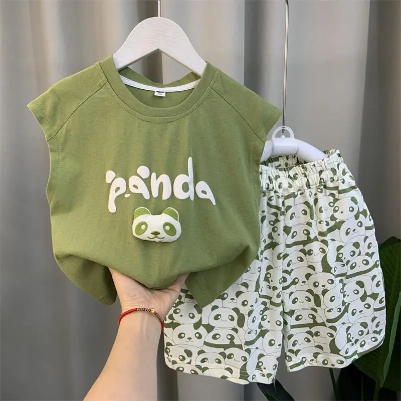 Bộ Vest Bé Trai, Áo Không Tay, Quần Đùi Gấu Trúc Hoạt Hình Trẻ Em, Bộ Hai Mảnh, Trang Phục Mùa Hè Cho Bé Mới, Hợp Xu hướng, Năm 2025