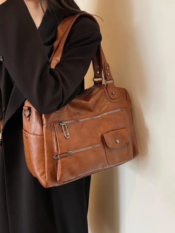 Women's Fashion Elegant Large Capacity Tote Bag, Vintage Trendy Pu Leather Shoulder Bag, Casual Versatile Zipper Tote Bag for Trip & Business, Designer Bags 3