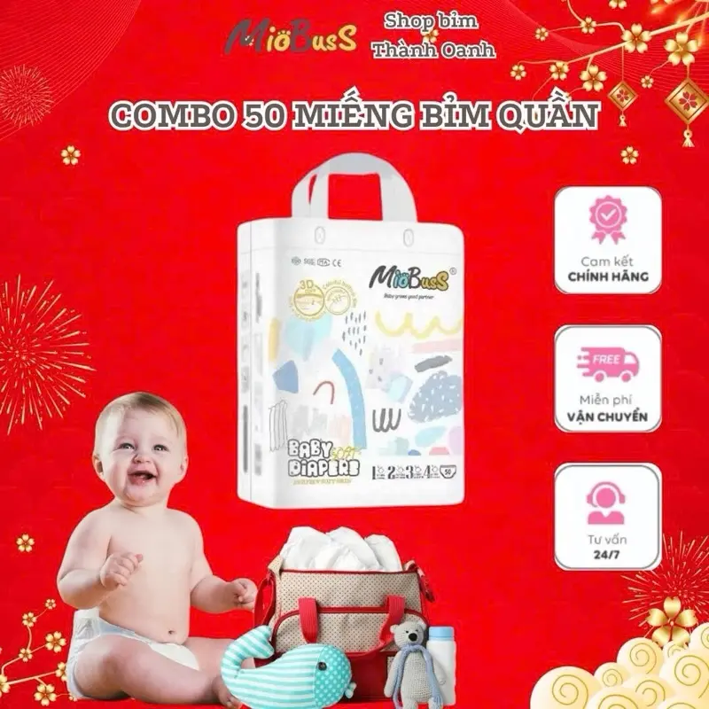 [50 miếng] Tã Bỉm MioBuss hàng nội địa - Chống Hằn Da, Đai Chun Co Giãn, Vách Chống Tràn Cao