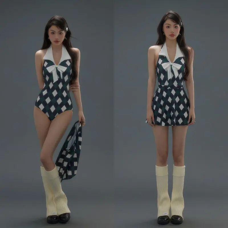 Women's Swimsuit New One-Piece American Retro College Style Hot Girl Classic Diamond Slimming Tummy Covering Hot Spring Vacation