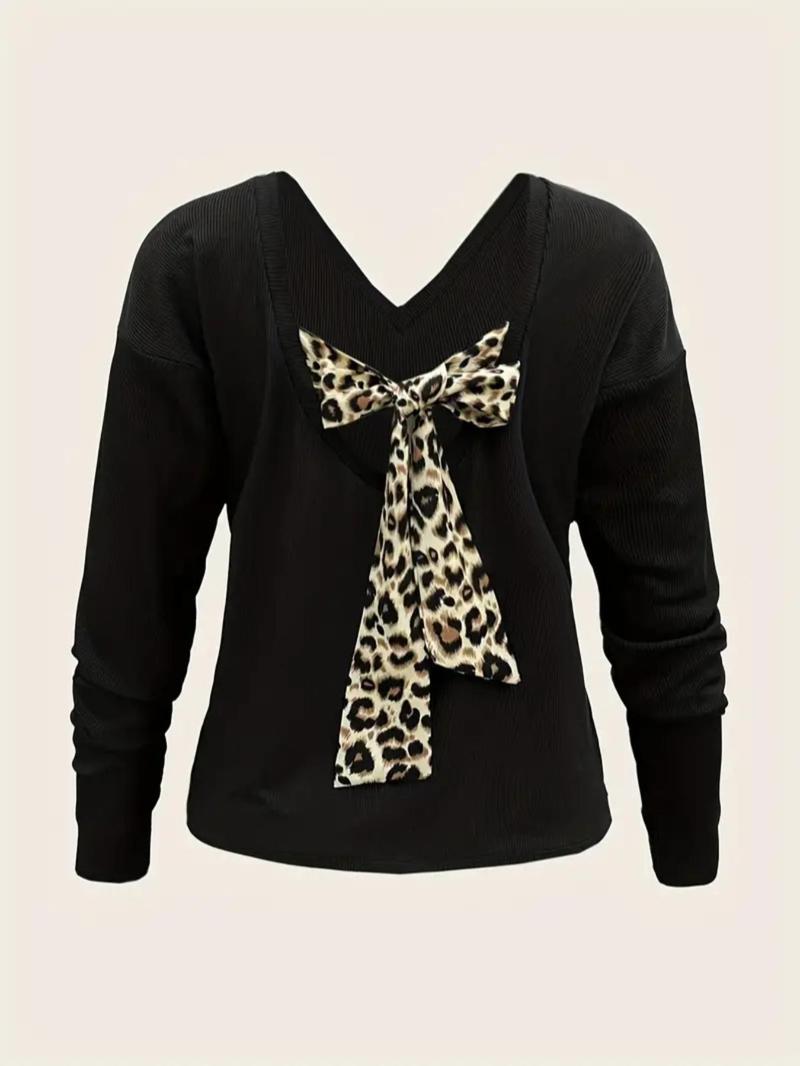 Product Introduction of Women's Leopard Print Backless Tie Back V Neck Tee, Casual Drop Shoulder Long Sleeve T-Shirt for Summer, Ladies Clothes for Daily Wear 14