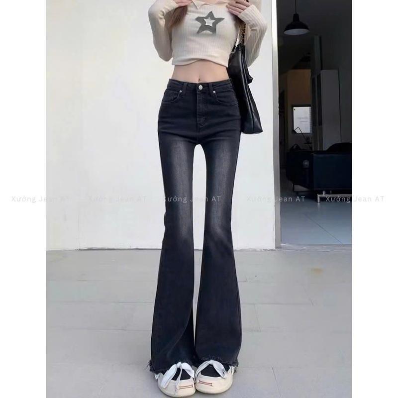 Quần Jean Ống Loe Lưng Cao Đen Wash Bụi Rách Gấu Phong Cách Hàn Quốc Trẻ Trung 583.1 3