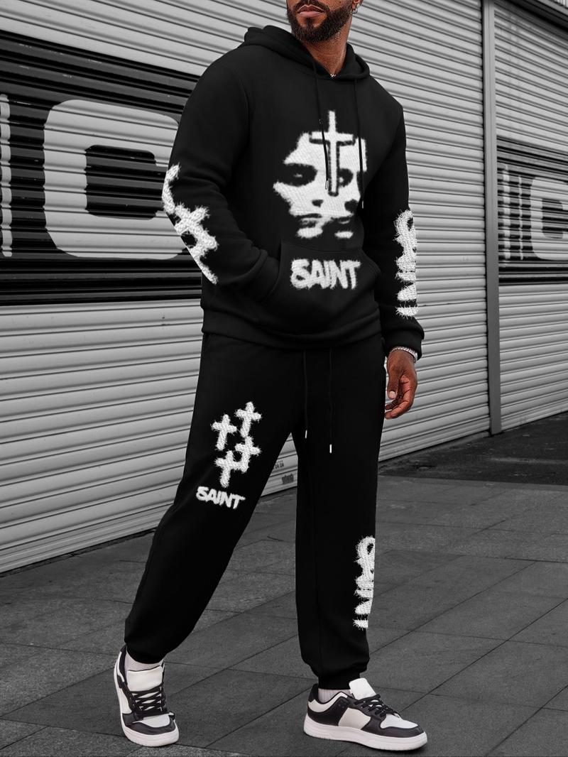 Product Introduction of 【Plus Size】 Two-Piece Set Cross & Face Print Hoodie & Drawstring Waist Sweatpants Set, Casual Long Sleeve Hooded Sweatshirt & Pocket Jogger Pants, Men's Two-piece Outfits for Fall & Winter 1