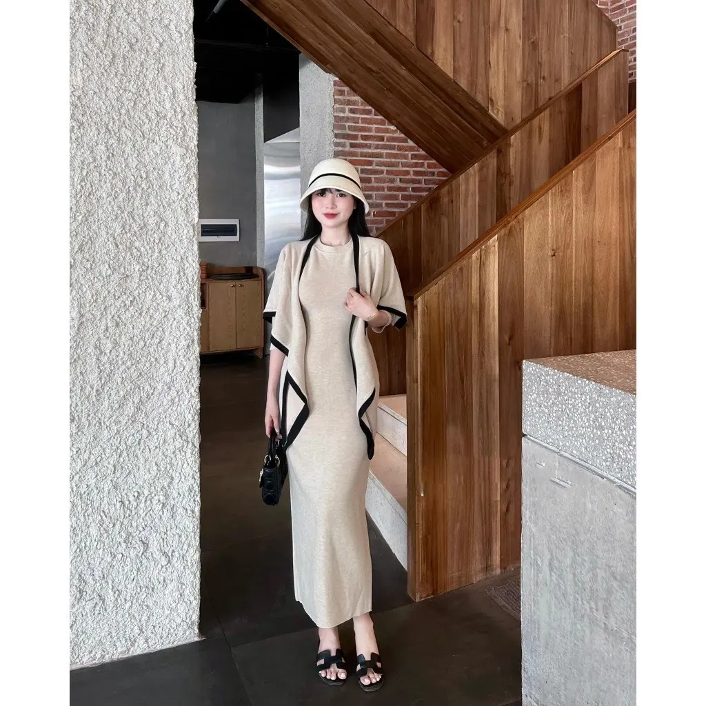 Váy  cổ tròn tay lửng dáng suông dài kèm khăn choàng phối viền - bầu bì bon chen được (có bigsize 75kg)   Dress Women Kem Voan