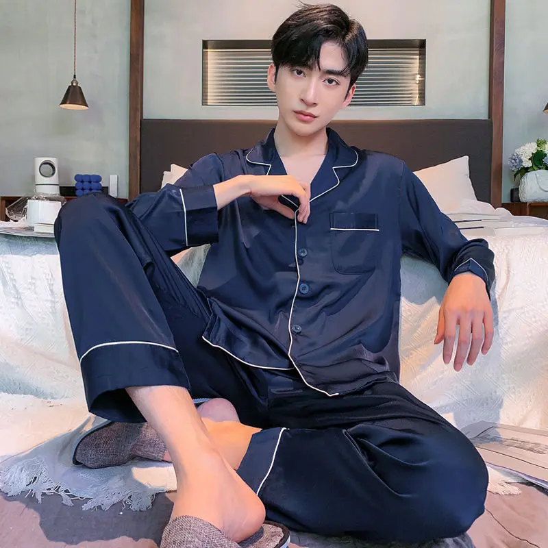 Bộ Đồ Ngủ Lụa Lạnh Dài Tay Cho Nam, Bộ Sưu Tập Mùa Xuân Và Mùa Thu, Mỏng Và Đơn Giản, Ngoại Cỡ, Có Thể Dùng Làm Áo Mặc Bên Ngoài, Bộ Đồ Mặc Nhà, Bán Chạy, Cho Nam
