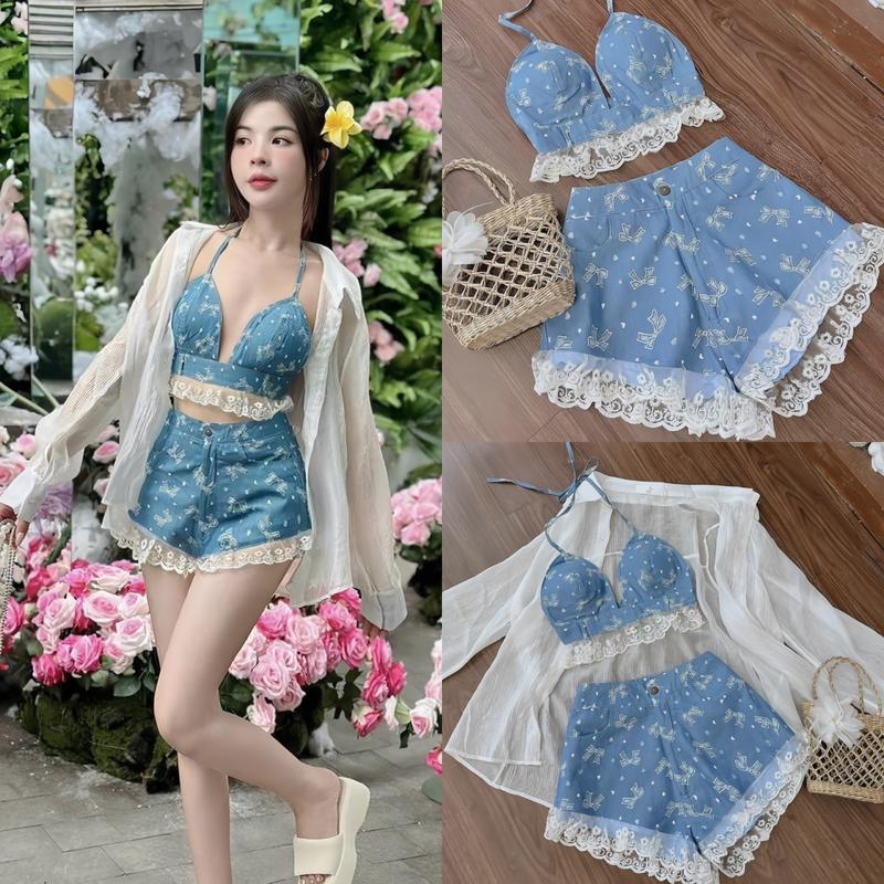 Set bộ nữ ba món hoạ tiết áo 2 dây cúp ngực yếm phối ren và short kèm khoác tơ form rộng xinh xắn