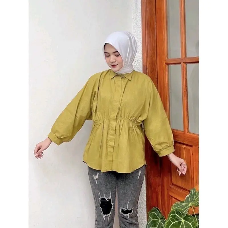 Alya Shirt Kemeja Wanita Oversaize Serut Depan Katun Baju Kancing 0