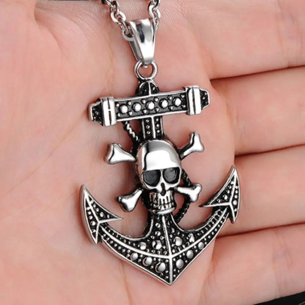 60CM Men's Necklace Skull Anchor Pendant Necklace Men's Hanging Jewelry Pendant Steel Chain Trendy Men's Gift