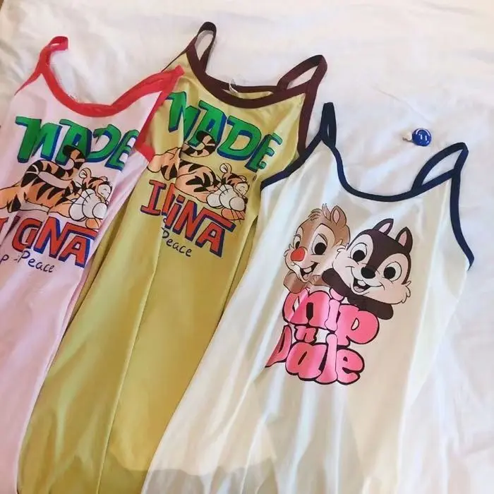 Nightdress Women's Summer Cute Cartoon Printed Sling Loose Sleeveless Sweet Home Wear Loungewear Nightwear Womenswear Lingerie