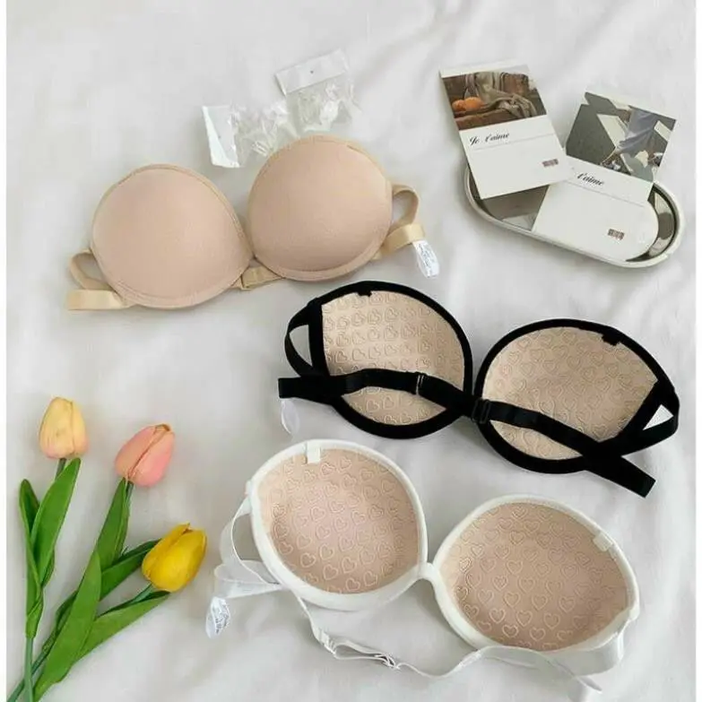 Áo lót nữ quây ngang chống tụt có gọng đệm tim, tặng kèm dây trong - Women - Bra, Kem - Nhung