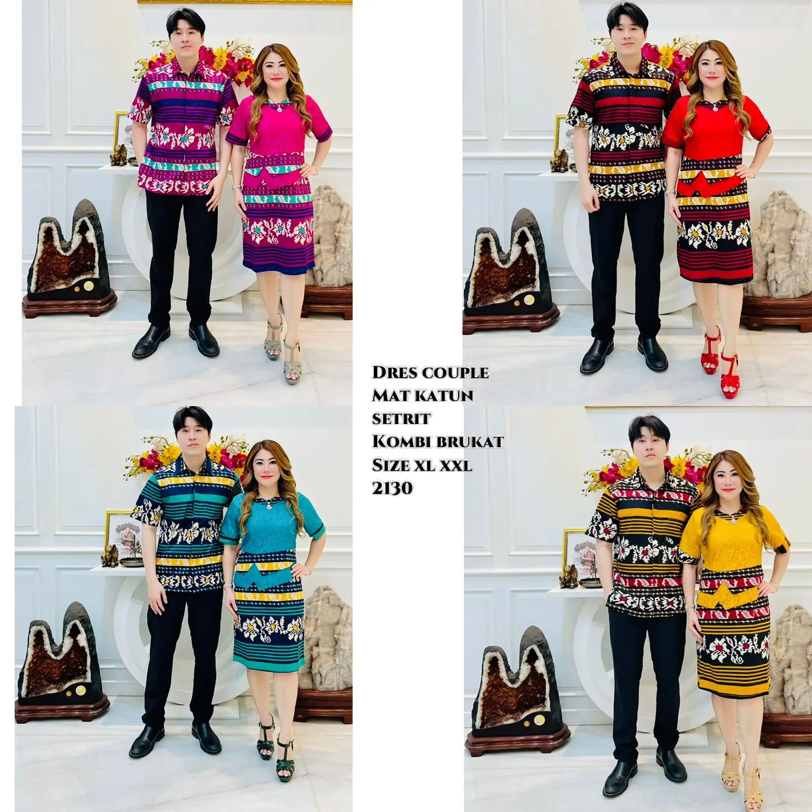 Baju Set Couple 2130 Pasangan Etnik Mewah Mix Brokat Katun Strech Kemeja + Dress Wanita Motif Batik
