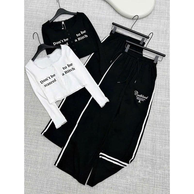 Set bộ áo thun tăm tay dài phối ren mix quần suông phối sọc lưng chun cá tính bigsize 60-90kg cho nữ - Women 2