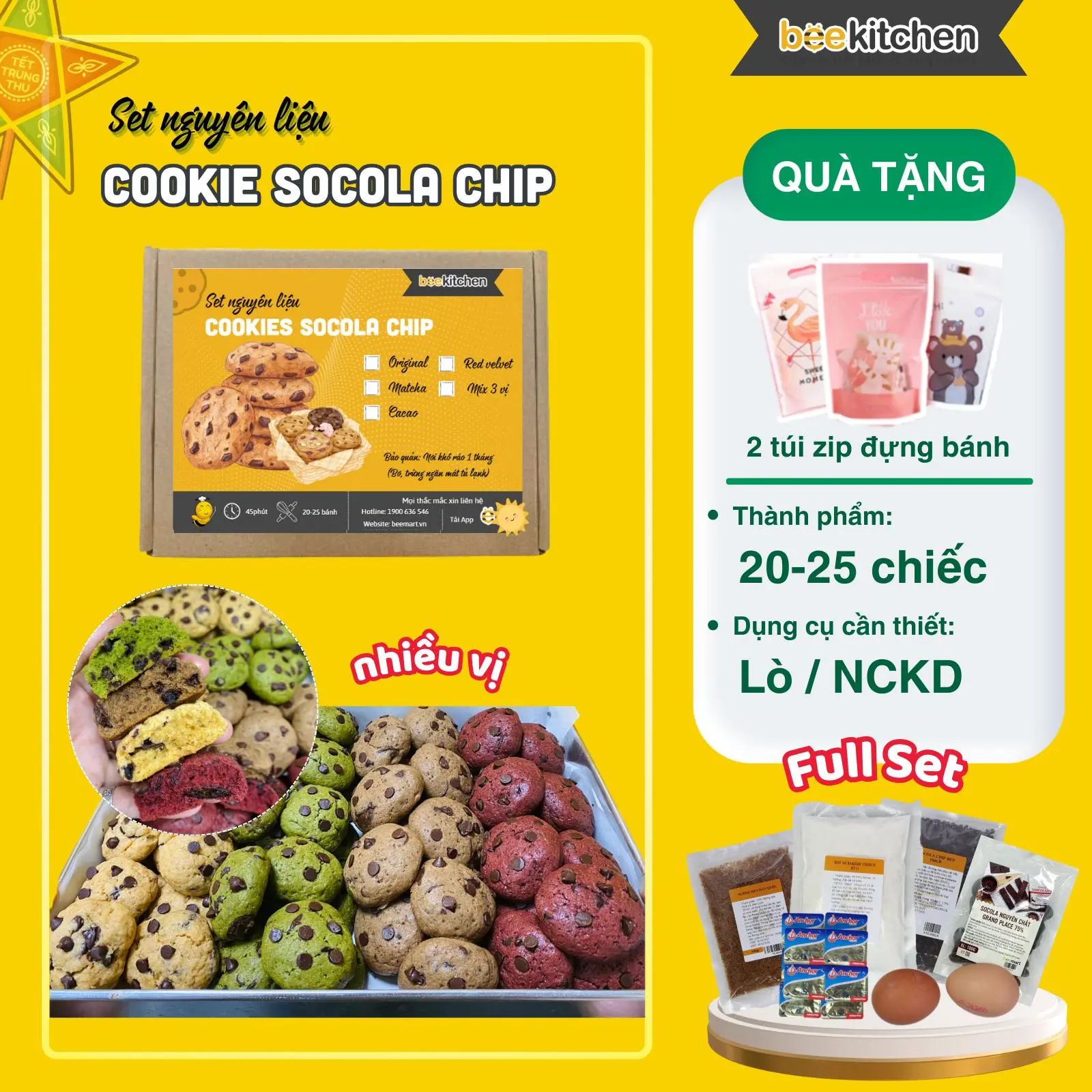 Set tự làm Bánh cookie socola chip đơn giản, ít ngọt, nhiều hương vị từ set nguyên liệu (Thành phẩm 20 chiếc) - Snack Ăn Vặt, làm quà tặng Food Thức Ăn Bánh Quy