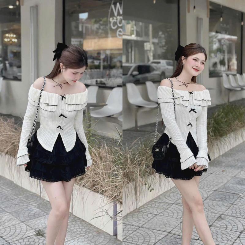 Sét Áo Trễ Vai Len Thun Tay Dài Đính Nơ Phối Chân Váy Ren 2 Tầng Có Quần Trong Sang Chảnh Quyến Rũ Nữ Tính Sang Trọng Dễ Thương. Top Màu Đỏ Kem Women Màu Đen