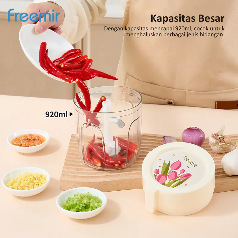 [freemir] Chopper Pencacah Kapasitas 920ml Chopper Tarik Blender Manual Penggiling Penghalus Bumbu Besar Serbaguna 4