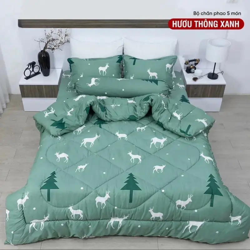 Sét 5 món chăn phao+ hè cotton poly trần bông dày loại 1 mẫu Hươu Thông 0