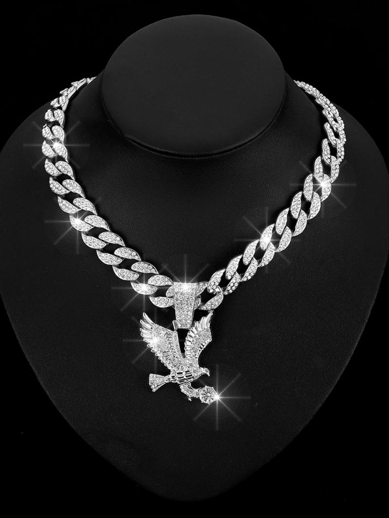Product Introduction of Rhinestone Eagle Decor Pendant Necklace for Women & Men, Fashion Cuban Link Chain Jewelry for Party, Daily Clothing Decor, Classic Punk Accessories for Daily Wear 15